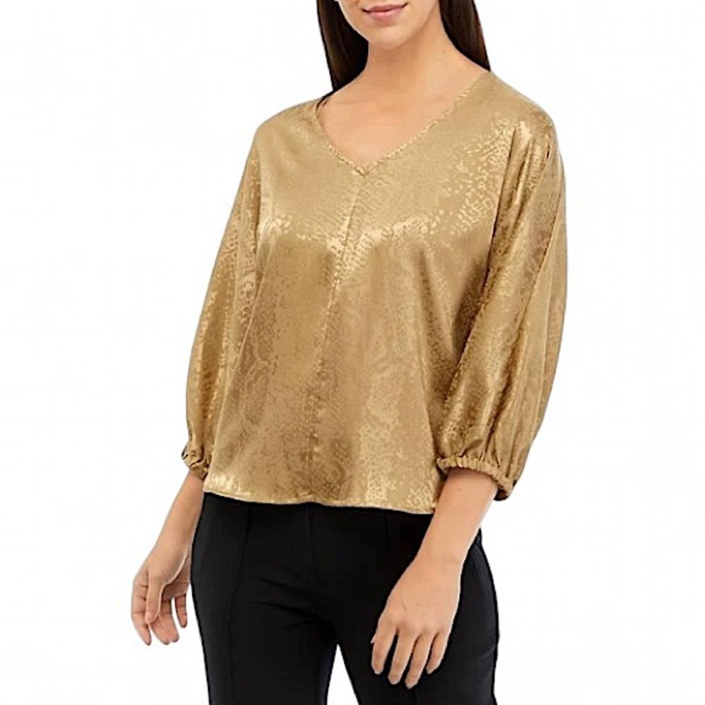 Adrienne Landau Onyx Short Sleeve V Neck Satin Top Tan Snake